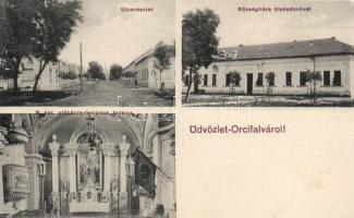 Orczyfalva, községháza, kisedóvó, katolikus templom / church, kindergarten, town hall
