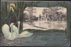 Kolozsvár, Sétatéri tó; Rigó Árpád kiadása / park lake; swans, floral litho (EB)