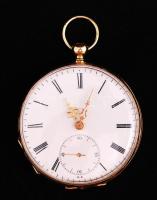 Arany (Au) 14 K zsebóra és zománcozott felhuzó, jelzett, másodperc mutatós, nem működik, fedelek nem záródnak, bruttó: 52,4 g/ Pocket watch with 14 carat gold, not works