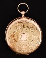 Arany (Au) 14 K zsebóra és zománcozott felhuzó, jelzett, másodperc mutatós, nem működik, fedelek nem...