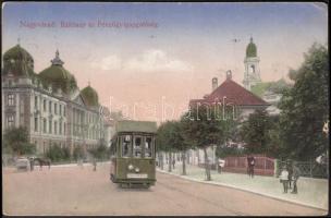 Nagyvárad, Rákóczi út, Pénzügyigazgatóság / palace of finance, tram (small tear)