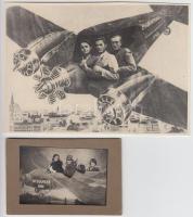 1935-1960 Rajzolt, festett díszletek között készült emlékképek, 3 repülőgépes és egy űrhajós illúzió, 5x8 és 12x17 cm közötti méretekben