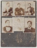 cca 1900-1920 Privát bélyegként használt fotók, 6 db 2,5x1,5 cm