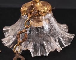 Mennyezeti lámpa, hibátlan üveg díszített búrával, réz, h:60 cm