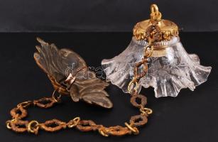 Mennyezeti lámpa, hibátlan üveg díszített búrával, réz, h:60 cm