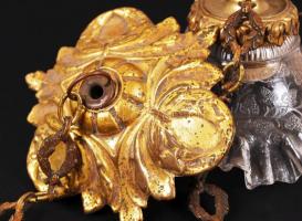 Mennyezeti lámpa, hibátlan üveg díszített búrával, réz, h:60 cm