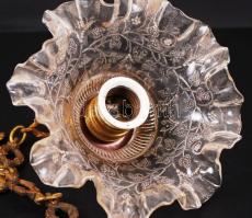 Mennyezeti lámpa, hibátlan üveg díszített búrával, réz, h:60 cm