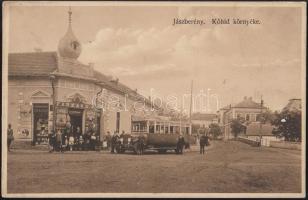 Jászberény, Kőhíd környéke, Farkas A. J. üzlete, autóbusz (fa)