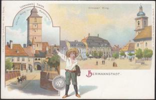 Nagyszeben, Kleiner Ring, Grosser Ring, Raththurm / square, tower, church, litho