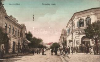 Beregszász, Bocskai utca, Farkas könyvkereskedése; Farkas és Földes kiadása / street with bookshop