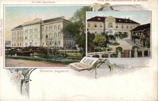 Ungvár, Katolikus főgimnázium, Görög katolikus tanintézet; Steinfeld Dezső kiadása / Catholic grammar school, Greek catholic school; Art Nouveau floral (fl)