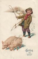 New Year, pigs, litho