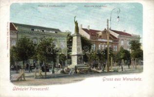 Versec Honvéd emlékszobor, Hotel Milleker, takarékpénzár; Wetti Vilmos kiadása / military monument, hotel, savings bank