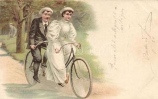 Cyclist couple, tandem, litho