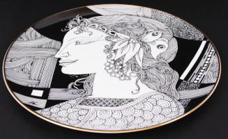 Szász Endre által tervezett Hollóházi jelzett porcelán tál, hibátlan, d:31 cm /  Faces designed by E...