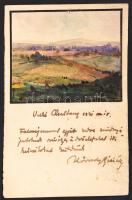 1931 Kövesdy Géza (1887-1950): Levelezőlapra festett akvarell, a művész saját kezű üdvözlő soraival. Futott.