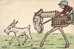 Jockey, humourous hand-painted postcard s: Kiss