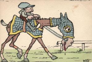 Jockey, humourous hand-painted postcard s: Kiss