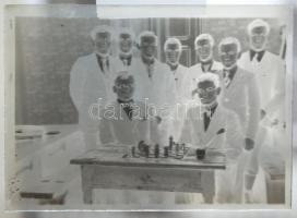 cca 1920 6 db érdekes üvegnegatív sakkozók, tornaverseny, budai városkép / 6 glass negative photos, ...