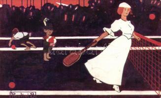 Tennis, Hungarian art postcard s: Paulini Béla