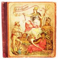 Az öt világrész. Kihuzható képeskönyv 20 szinezett képpel. (Chromolitográfiák.) Bp. cca. 1880. Riegler J. E. Papírneműgyára. 44p. + 5 x 4 chromolith. tábla; kihajtható. Kiadói félvászon-kötésben. Komplett, a táblák megragasztva