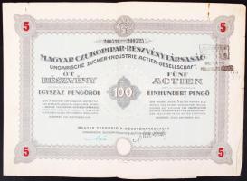 Budapest 1941. "Magyar Czukoripar-Részvénytársaság" 5 részvénye egyenként 100P-ről szelvényekkel (2x) T:III