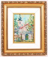 Tarcsányi Otília: Kőfal mögött. Olaj, farost, jelzett, újszerű keretben, 13×9 cm