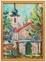 Tarcsányi Otília: Kőfal mögött. Olaj, farost, jelzett, újszerű keretben, 13×9 cm