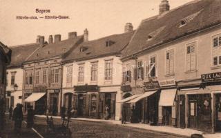 Sopron, Eötvös utca, Schranz Frigyes, Röschl Mihályné és Dux Lajos kereskedései