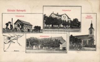 Szőreg (Szeged) gőzmalom, vasútállomás, szerb templom; Beck Antal kiadása, floral (fl)