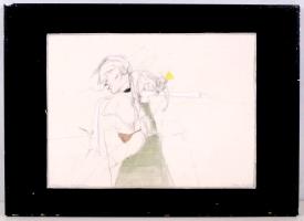 Véssey Gábor (1948-): Asszony makákóval. Vegyes technika, papír, jelzett, keretben, 37×47 cm