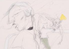 Véssey Gábor (1948-): Asszony makákóval. Vegyes technika, papír, jelzett, keretben, 37×47 cm