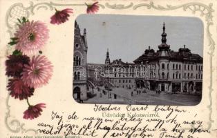 Kolozsvár, Vashíd, paloták; Gibbon Albert kiadása / iron bridge, palaces; photo on floral litho postcard