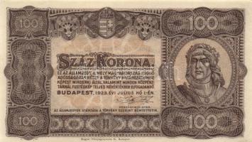 1923. 100K "Magyar Pénzjegynyomda Rt. Budapest", számozás nélkül T:I-/II (hajtatlan, szamárfül) Adamo K30/1