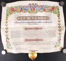 1918 Kövér Kálmán Med. Univ. Doctor 50 éves aranydiplomája latin nyelven, Morzsányi József díszműves...