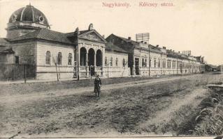 Nagykároly, Kölcsey utca, Gőz- és Kádfürdő, bútorraktár, Csókás László kiadása / street, spa, furniture warehouse (EK)