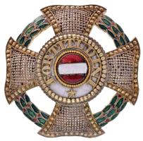 ~1920- "A Katonai Mária Terézia-rend nagykeresztjének csillaga" késői típus, ezüst kereszt zománcozott részekkel, függőleges kitűzővel hátlapon, rajta készítő beütés: ROTHE-WIEN; dísztokban T:2 RR! Hungary ~1920- "Military Order of Maria Theresia Grand Cross Breast Star" silver cross with enamelled parts, post-war type; vertical pin on back with makers mark: ROTHE WIEN, in costum made case NKK 12.