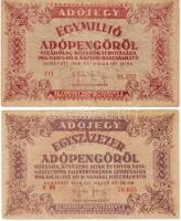1946. 100.000Adópengő + 1000.000Adópengő sorozat-, ill. sorszámok jelentősen le-, ill. felfelé csúszva, lemezhibák T:III/III,III