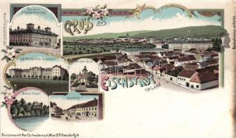 Kismarton, Eisenstadt;  Esterházy castle, church, Main square, floral, litho