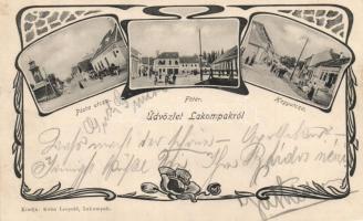 Lakompak, Lackenbach; Posta és Hegy utca, Főtér, Kohn Leopold kiadása / street, main square, shop, Art Nouveau
