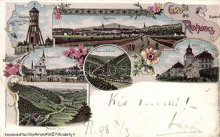 1898 Rohonc, Rechnitz; castle, Main square, Faludi valley, tower, floral, litho (fa)