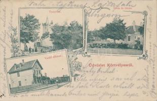 Lajtakörtvélyes, Pama; templom, posta és iskola, vasútállomás / church, post, school, railway station, floral (fa)