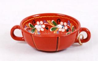 Népi mintás tál és kétfülű csésze rajta apró hibával, jelzett, tál átmérője: 25 cm, csésze: 12 cm