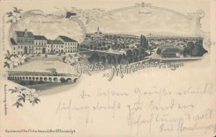 Nagymarton, Mattersburg; Sparkasse und Schule, Viaduct, litho, floral (wet damage)