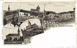 Városszalónak, Stadtschlaining; church, castle, main square, shop of Samuel Friedrich, floral, litho