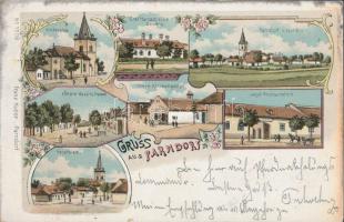 Pándorfalu, Parndorf; Kirchenplatz, Graf Harrach'sche Domäne, Untere Hauptstrasse, Obere Kirchengasse, Jagd restaurant, Hauptplatz; floral, litho (small tear)
