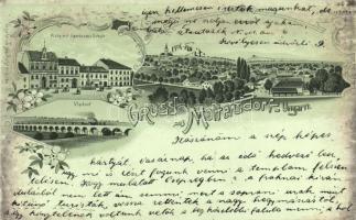 Nagymarton, Mattersburg; school, viaduct, floral, litho