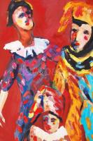 Schéner Mihály (1923-2009): Bohócok. Olaj, farost, keretben, 70×50 cm