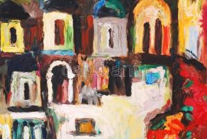 Schéner Mihály (1923-2009): Házak. Olaj, farost, keretben, 50×70 cm