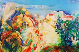 Pataki Ferenc (1941-): Hegyek közt. Olaj, farost, jelzett, keretben, 50×70 cm